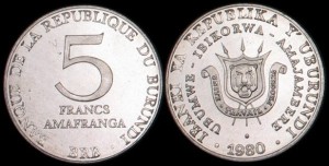 Burundi, 5 Francs 1980, KM 20, Stan I