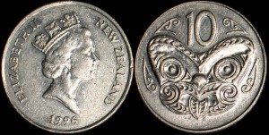 Nowa Zelandia, 10 Cents różne roczniki, Maska Maori, KM 61, Stan I