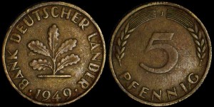 Niemcy, 5 Fenigów 1949 Bank Deuscher Lander, KM 102, Stan III