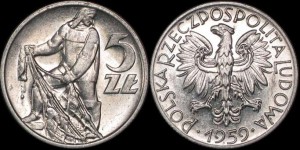 Polska, 5 Złotych 1959, Rybak, Stan II