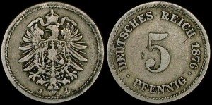 Niemcy-Cesarstwo, 5 Fenigów różne roczniki, KM 3, Stan III
