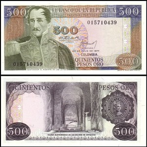 KOLUMBIA, 500 PESOS ORO 1977 Pick 420a