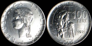 Włochy, 100 Lirów 1979, Krowa i ciele, F.A.O., KM 106, Stan I