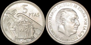 Hiszpania, 5 Pesetas 1957, KM 786