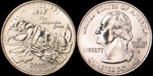 USA, 25 Cents 2002 P, KM 335, Mississippi, stan I