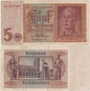 NIEMCY, 5 REICHSMARK 1942, numer 7 cyfr, Pick 186a(1)
