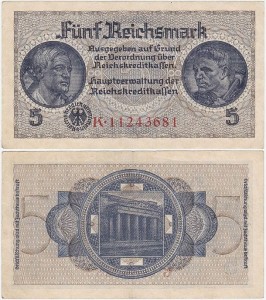 NIEMCY - REICHSKREDIT KASSEN, 5 REICHSMARK (1940-1945) Pick R138b