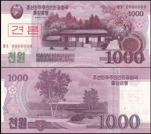 KOREA PÓŁNOCNA, 1000 WON 2008 (2009),SPECIMEN, nadruk i nr. 0000000, Pick 64s 