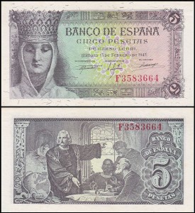 HISZPANIA, 5 PESETAS 1943 Pick 127a