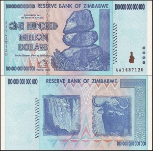 ZIMBABWE, 100 TRILLION DOLLARS 2008 seria AA,  Pick 91