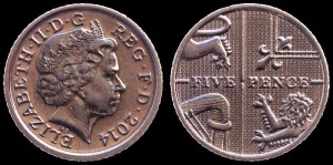 Anglia, 5 Pensów, fr.król.herbu, KM 1109d
