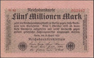 NIEMCY, 5 MILIONÓW MAREK 1923, B 28 czerw., z prawej 6 cyfr, P.105(2)