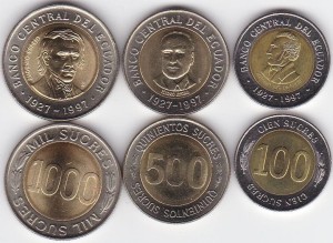 Ekwador, 100, 500, 100 sucres, Zestaw Bimetal, KM 101-103, stan I