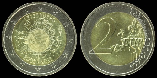 E Luksemburg 2 euro 2012 10 lat waluty euro km 119.jpeg