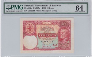 SARAWAK 10 CENTS 1940, PMG 64, Pick 25c