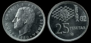 Hiszpania, 25 Pesetas 1980 MŚ w Piłce Nożnej 1982, KM 818, Stan I