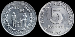 Indonezja, 5 Rupiah 1974, Program planowania rodziny. KM 37, Stan I