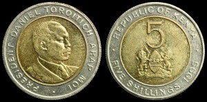 Kenia, 5 Shillings 1995, Prezydent, bimetal KM 30 stan I-