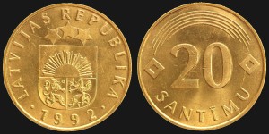 Łotwa, 20 Santimu 1992, KM 22.1, stan I