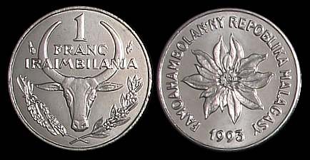 Madagaskar Malgasy, 1 Franc różne roczniki, KM 8, Stan I.jpg