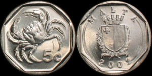 Malta, 5 Cents 2001, KM 95, Krab, Stan I