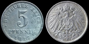 Niemcy-Cesarstwo, 5 Fenigów różne roczniki, KM 19, Stan II