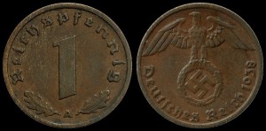 Niemcy, 1 Fenig różne roczniki, ze swastyką, KM 89, Stan III