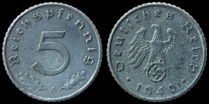 Niemcy, 5 Fenigów różne roczniki  ze swastyką, KM 100, Stan III