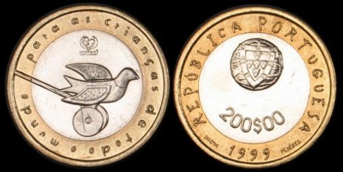 Portugalia, 200 Escudos Bimetal 1999 zabawka, KM 720, stan I.jpg