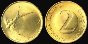 Słowenia, 2 Tolarja 1992, Jaskółka, KM 5, Stan I 