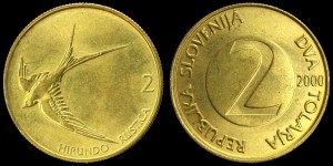 Słowenia, 2 Tolarja 2000, Jaskółka, KM 5, Stan I  