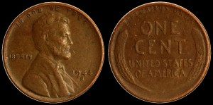 USA, 1 Cent 1944S, Kłosy, KM A132, Stan III