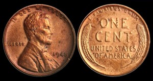 USA, 1 Cent 1945, Kłosy, KM A132, Stan III