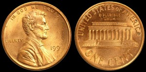  USA, 1 Cent 1991, KM 201b, Stan I-