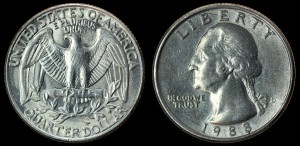 USA, 25 Cents 1988 D, KM A164a, stan II