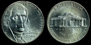  USA, 5 Cents 2006P Jefferson - duża głowa, KM 381, stan I
