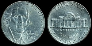  USA, 5 Cents 2007P Jefferson - duża głowa, KM 381, stan I