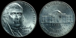  USA, 5 Cents 2011P Jefferson - duża głowa, KM 381, stan I