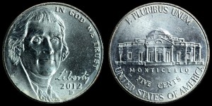  USA, 5 Cents 2012D Jefferson - duża głowa, KM 381, stan I