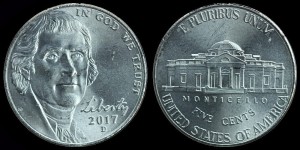 USA, 5 Cents 2017D Jefferson - duża głowa, KM 381, stan I