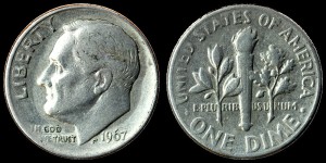  USA, 10 cents 1967 Roosevelt, KM 195a, stan II-