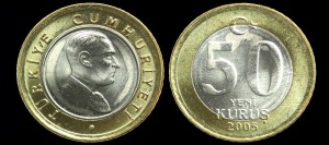 Turcja, 50 Kurus 2005, KM 1168, Bimetal, Stan I