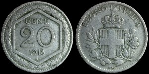 Włochy, 20 Centesimi 1918, KM 58, Stan III