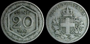 Włochy, 20 Centesimi 1919, KM 58, Stan III