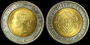 Włochy, 500 Lirów 1993, 100 lat Banku Wł., KM 160, Stan I