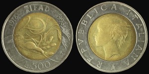 Włochy, 500 Lirów Bimetal 1998, FAO 20 lat IFAD, KM 193, Stan I