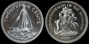 Wyspy Bahama, 25 Cents 2005, Żaglówka, KM 63.2, Stan I