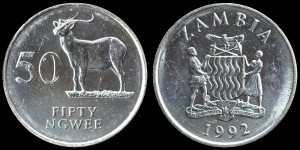 Zambia, 50 Ngwee 1992, Antylopa Lechwe, KM 30, Stan I