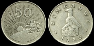  Zimbabwe, 50 cents, wschodzące słońce, KM 5, stan II-