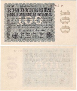 NIEMCY, 100 MILIONÓW MAREK 1923, 6 cyfr, rozeta po numerze, Pick 107d